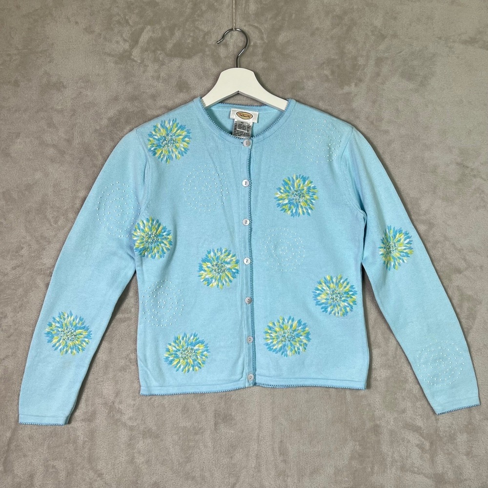 Vintageโ Talbots Cardigan XS Pastel Blue Floral Embroidered Sweater Cottagecore